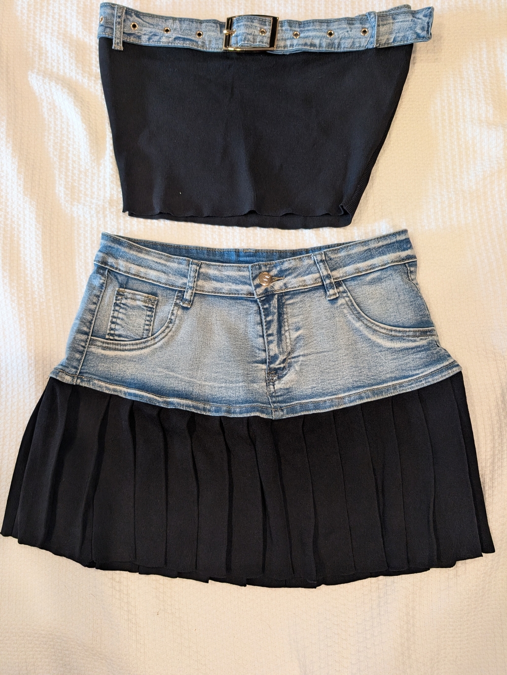 Immodel By HWA Black Pleated Mini Skirt with Denim Waistband